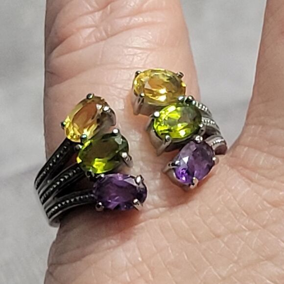 African Amethyst, Peridot, Brazilian Citrine Open Band Ring Size 9 - Picture 8 of 14